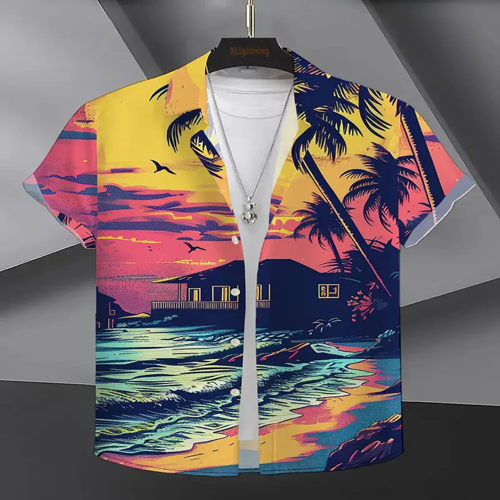 Summer men's short-sleeved shirt Hawaii Ha Beach print quick drying short-sleeved casual fashion personality high-grade shirt