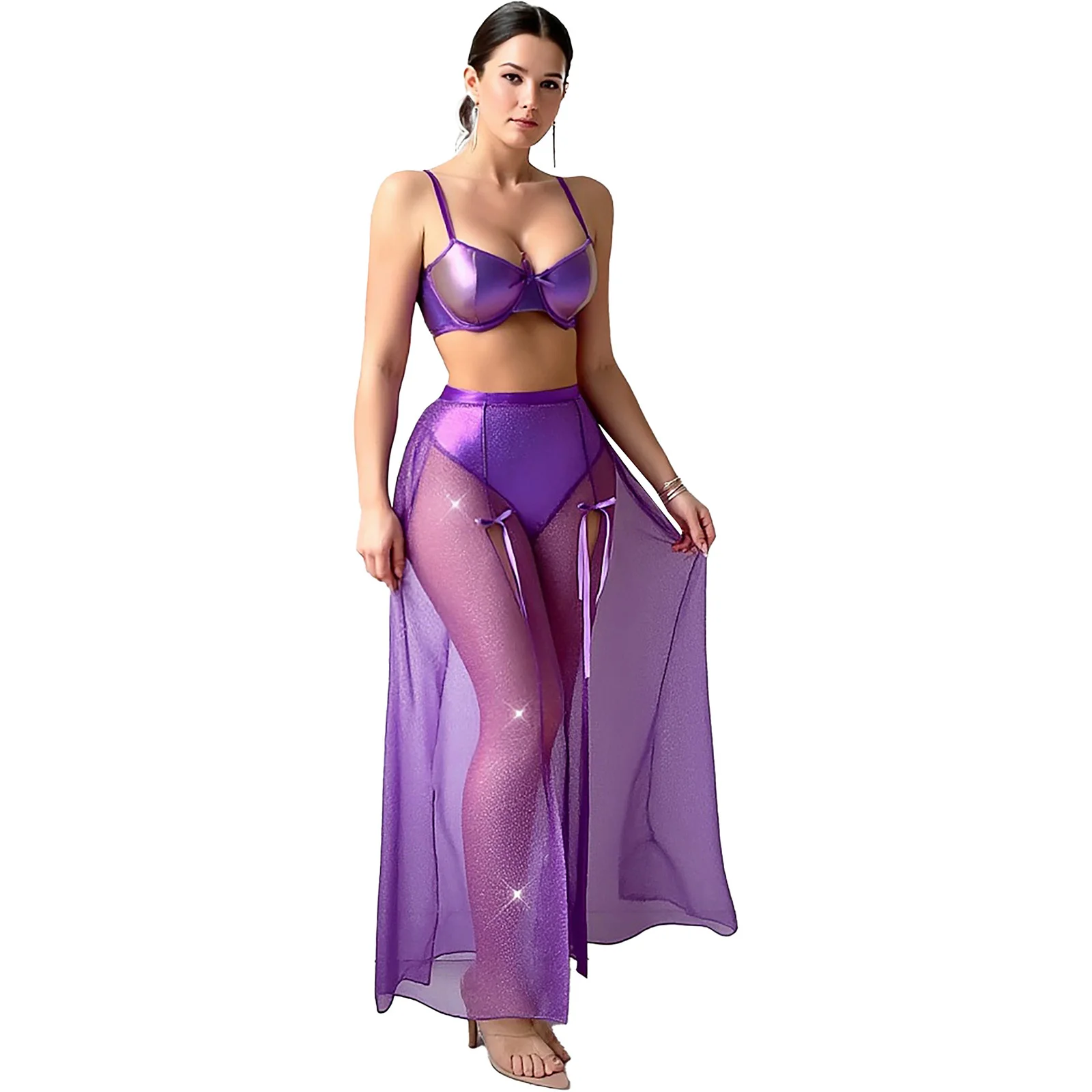 Conjunto de danza del vientre brillante para mujer, Top corto con sujetador con aros y falda larga con abertura larga, traje de espectáculo de danza moderna de dos piezas