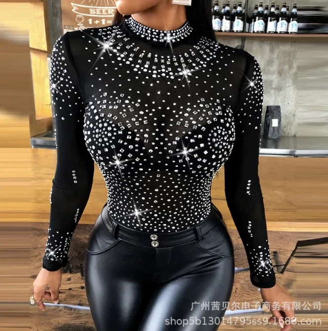 

Top Women 2025 Summer Sexy Perspective Rhinestone Hollow Out Casual Solid Color Round Neck Long Sleeved Skinny Daily Top