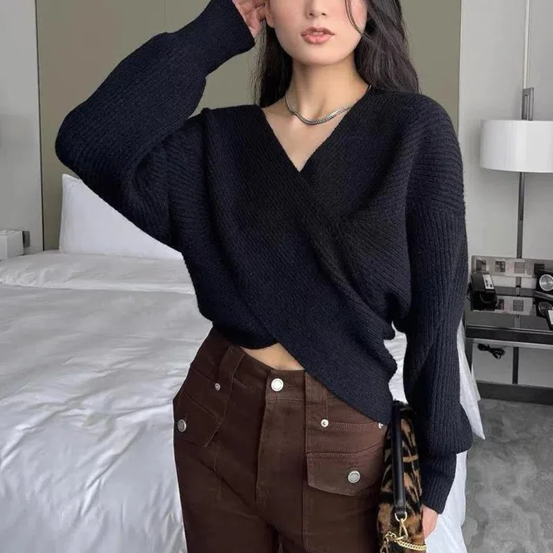 Female Preppy Style Irregular Solid Color Knitting V-neck Puff Sleeve Pullovers Autumn Sweet Hollow Out Loose Sweater Women\'s