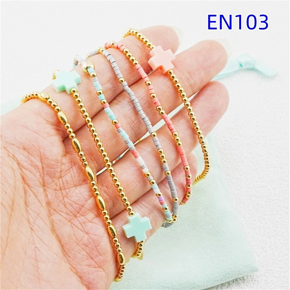 

Cross Charm Colorful Beads&Stones Stack of 6 Bracelets, Fashion Jewelry Gift for Women Daily Layering