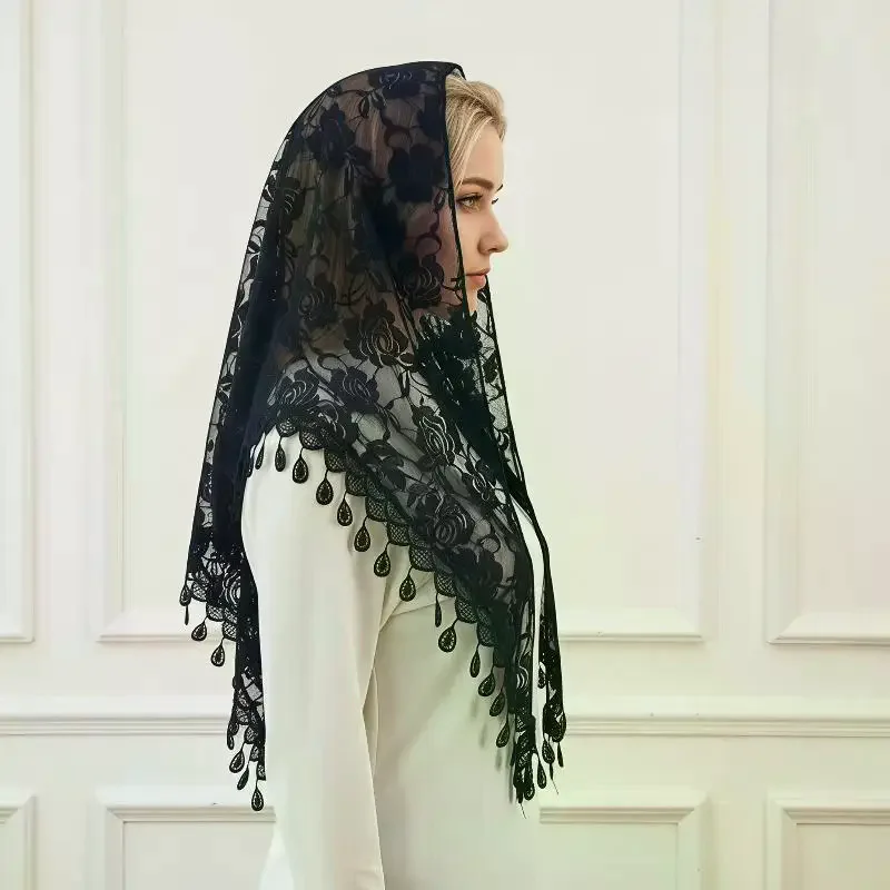 Fashion Tassel Triangle Shawl Lace Veil Scarf Bandana Church Prayer Wedding Mantilla Embroidered Headcovering Hijab Women Scarf