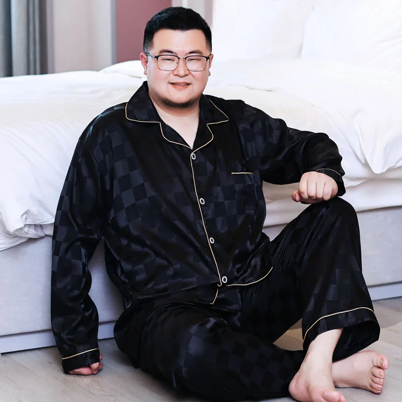 Large Size Pajamas Men Ice Silk Long Sleeve Summer Set Plus Fat Silk Thin Home Clothes 300 Pounds Simple and Comfortable