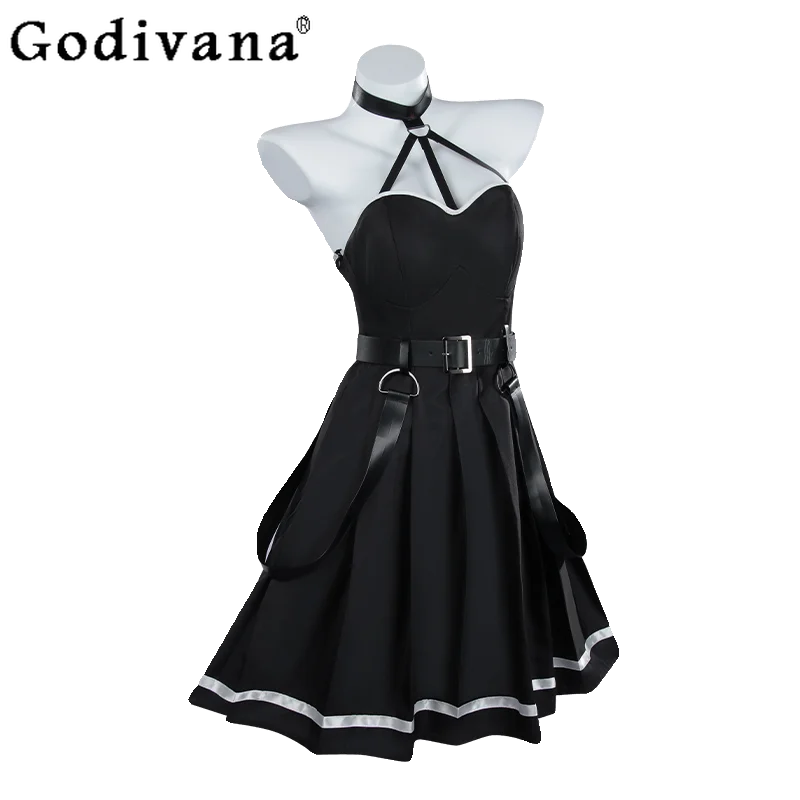 فستان نسائي أسود مثير كوس ثنائي الأبعاد للرسوم المتحركة فستان نسائي بدون أكمام لعب الأدوار في الهالوين