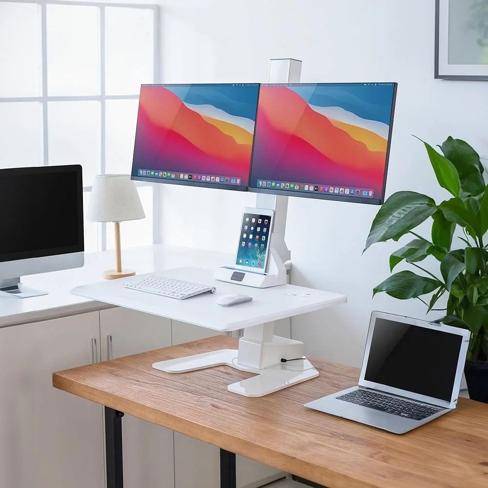 Electric Sit Stand Desk Converter Ergonomic Height Adjustable Riser Dual Monitor Mounts Motorized Workstation Home Office