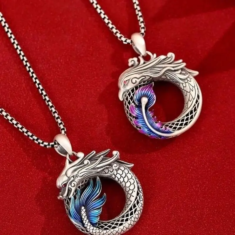 Dragon Phoenix Couple Pendant Necklace Romantic Hollow Enamel Animal Pattern Jewelry for Valentine's Day Surprise Gift to Lovers