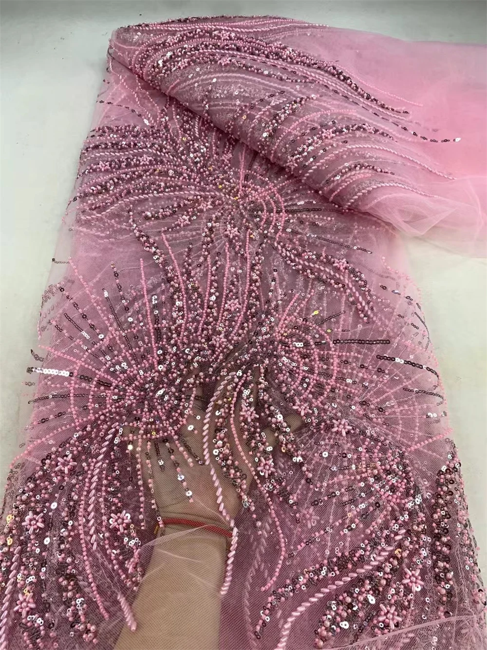 Luxury 2024 High Quality pink French Tulle Net Sequins Lace Fabric African Lace Fabric 5 Yards For Nigeria Wedding Party Dress