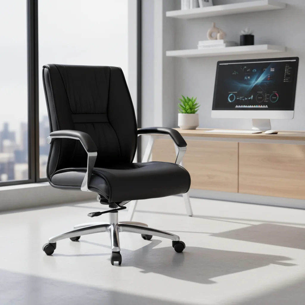 

Черное офисное кресло руководителя с высокой спинкой и мягким сиденьем – современный дизайн, металлическое основание, поворотное, регулируемое по высоте, удобное для длительного сидения