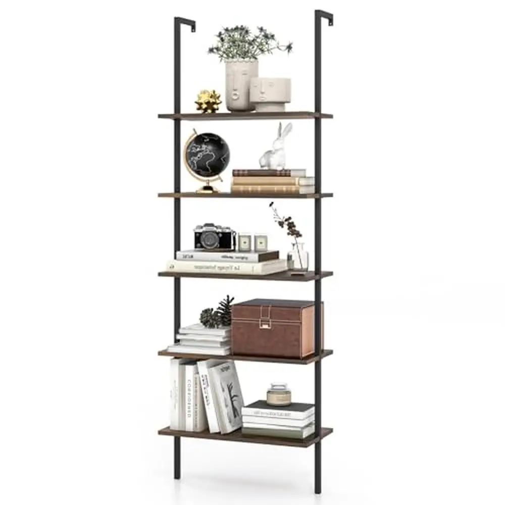 Rustic Brown Industrial Wall Mounted Bookshelf with Steel Frame 5 Tier Wood Bookcase