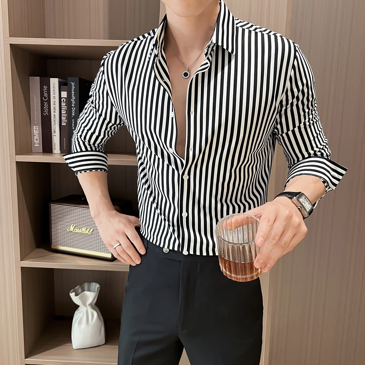 

Мужские полосатые рубашки высокого качества в Корейском стиле с длинным рукавом Мужская социальная рубашка Платье Slim Fit Деловая официальная одежда Блузка Homme