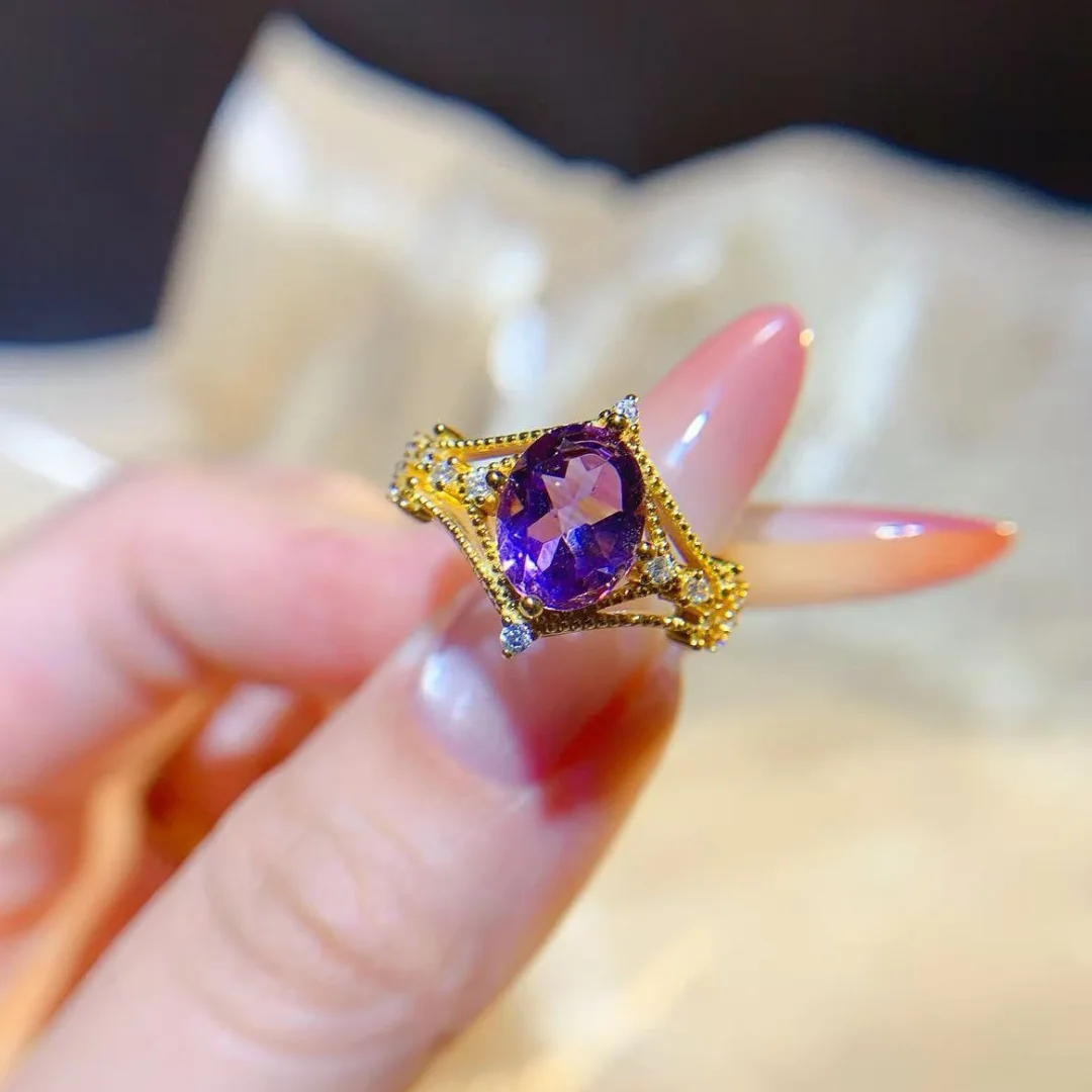 Natural Amethyst Ring 7*9mm S925 Pure Silver Fashion Jewelry Brilliant Gem Delicate Wedding Fine Jewelry