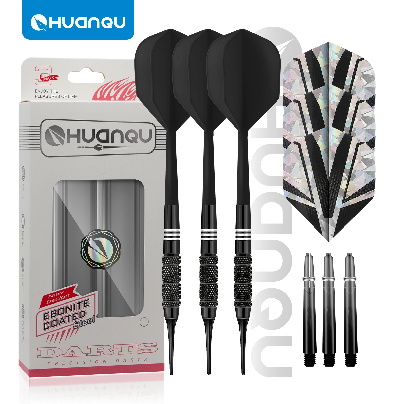 Huanqu Integrated Dart Set, Three-Piece Set with Portable Storage Box, Includes Gradient Dart Shafts, Standard Dart Wings, and Replaceable Safety Dart Tips, Suitable for Training and Competition, Professional Dart Accessories, Complete Set, Soft Darts, Leisure Entertainment, Competitive Dart Board Games, Home Bar Entertainment, Sports