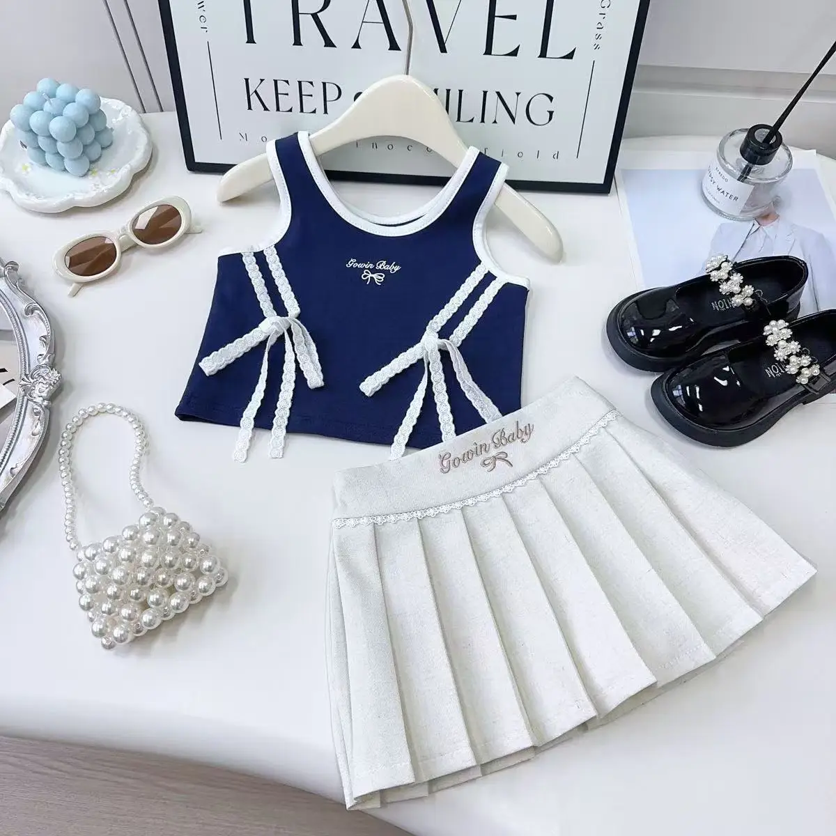 

Girls' Summer Set 2025 New Style Children's Tank Top Stylish Solid Color Bow Vest Folding Skirt Two Piece Set