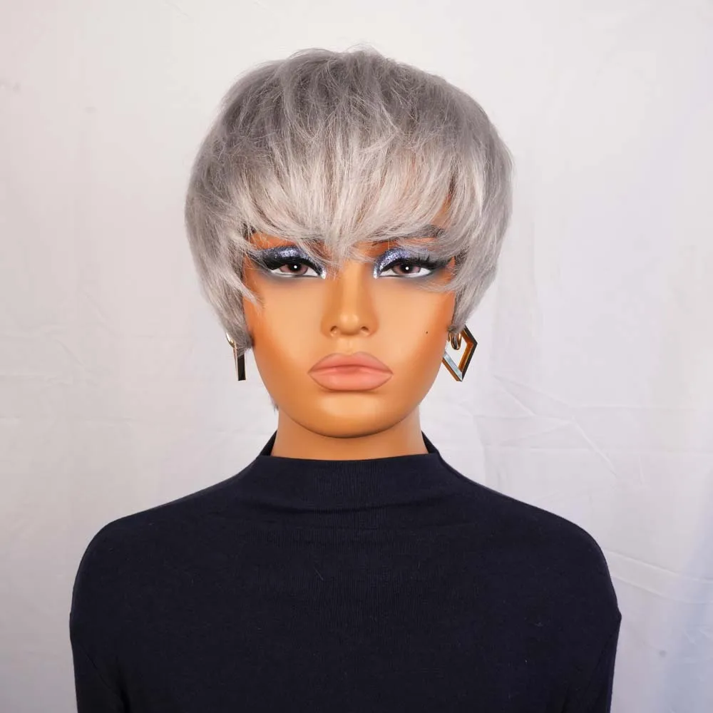 شعر مستعار قصير باللون الرمادي الفضي مع غرة، شعر بشري ريمي برازيلي بطبقات مستقيمة مصنوعة آليًا للنساء ذوات البشرة السمراء