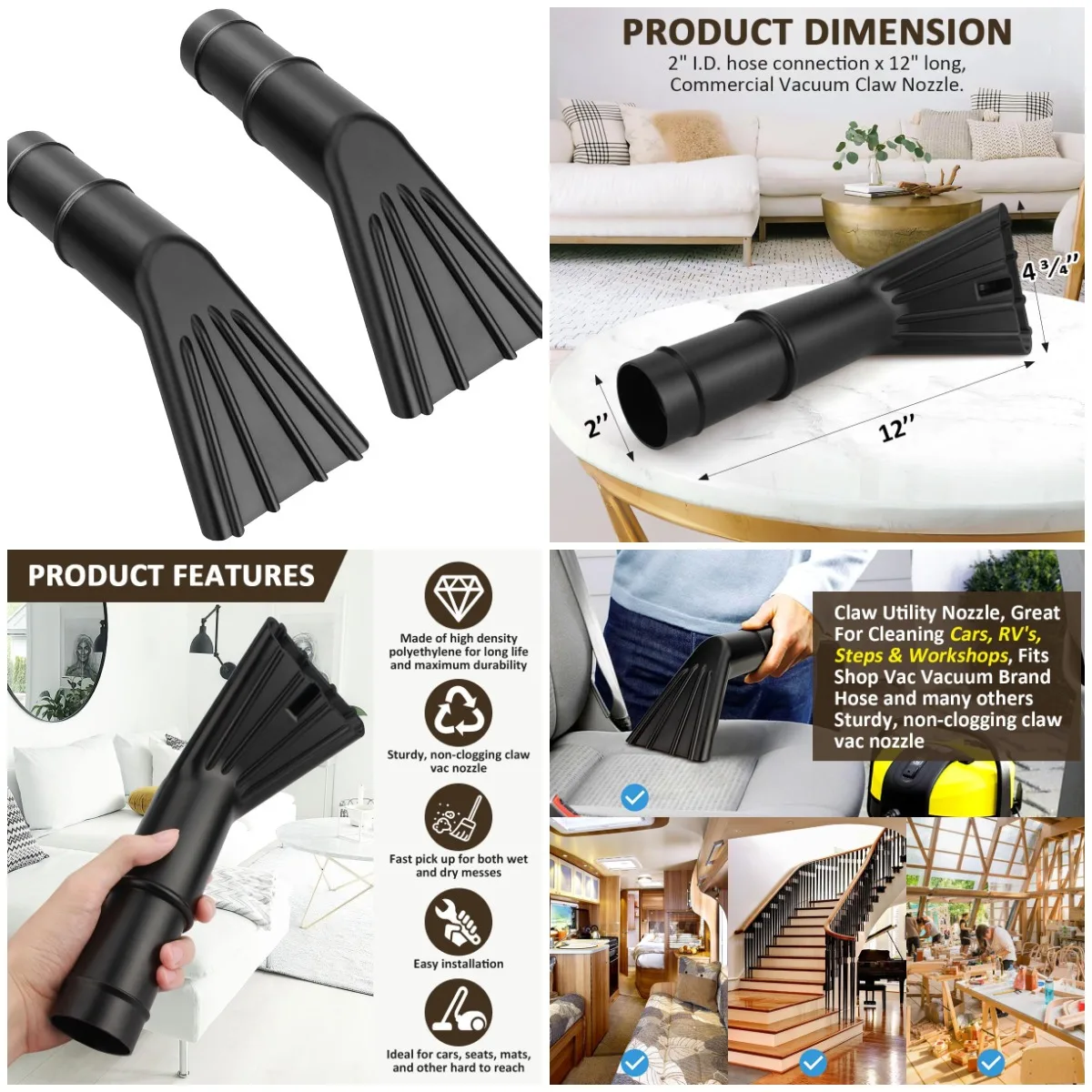 

Вакуумная насадка 2 x 12 футов для влажной/сухой уборки магазина Vac Cleaning Auto Car Cars RV's Home Claw Nozzle SCN2 (2 шт.)