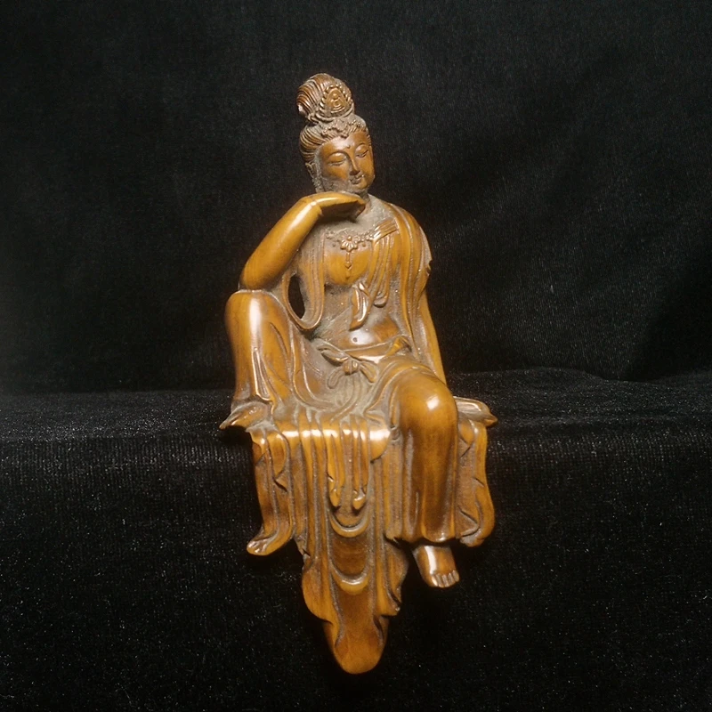 1919 Antique art Size 2.6 Inch Old Chinese Boxwood Wood Hand Carved Avalokitesvara Kwan-yin Figure Statue Decoration Collection