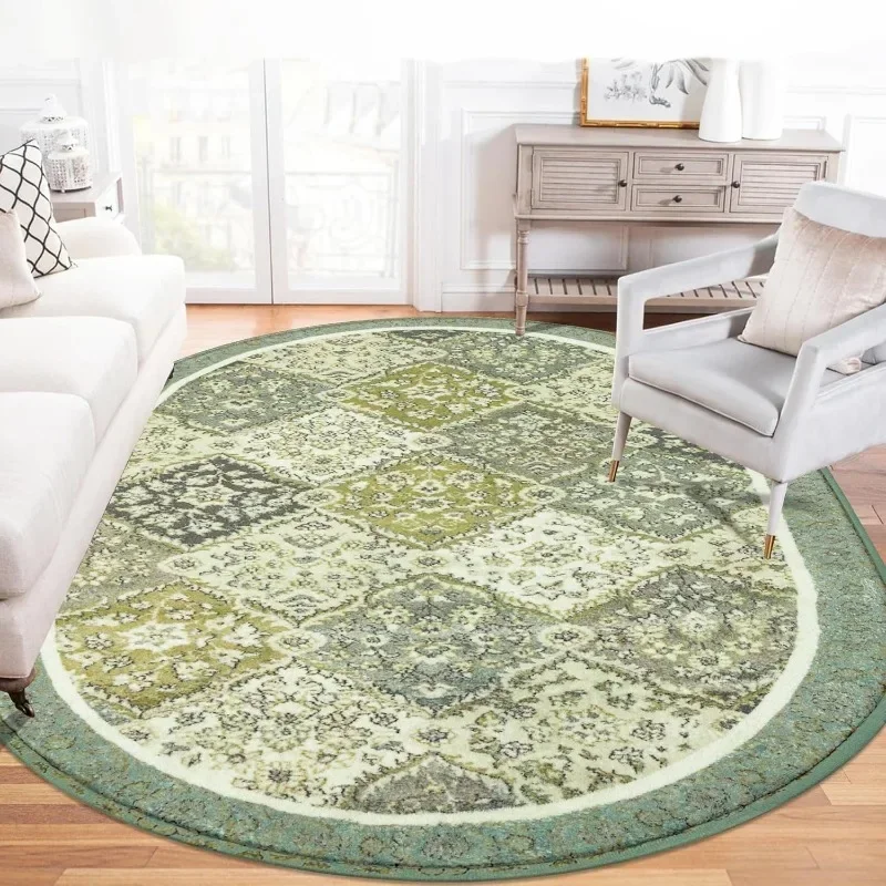 

Soft Tribal Area Rug Non-Slip Oval Persian Distressed Vintage Floor Mat for Bedroom, Non-Shedding Print Washable