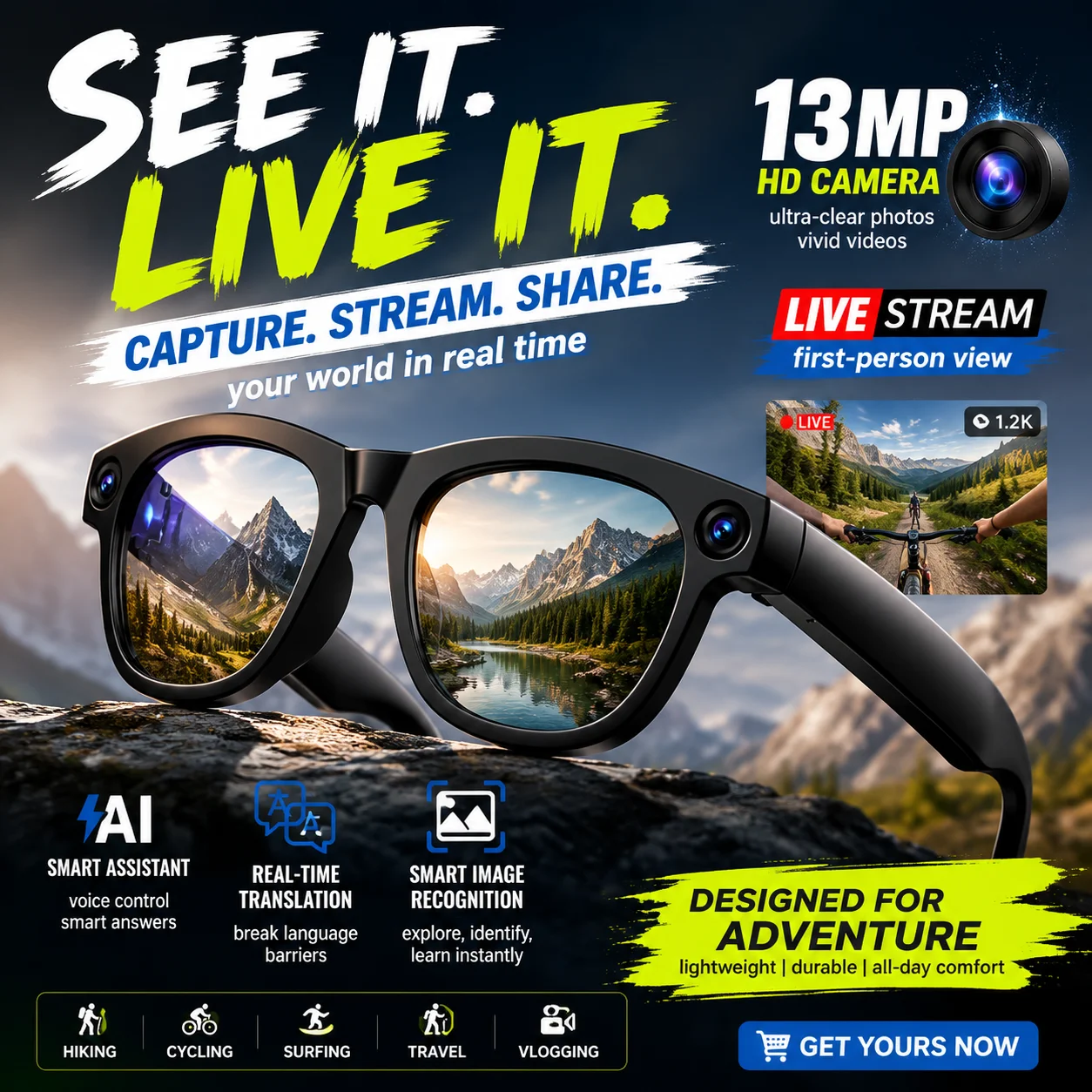 AI Camera Glasses 13MP First-Person Photo Video Real-Time Translation Live Streaming Voice Assistant for Global Business Travel