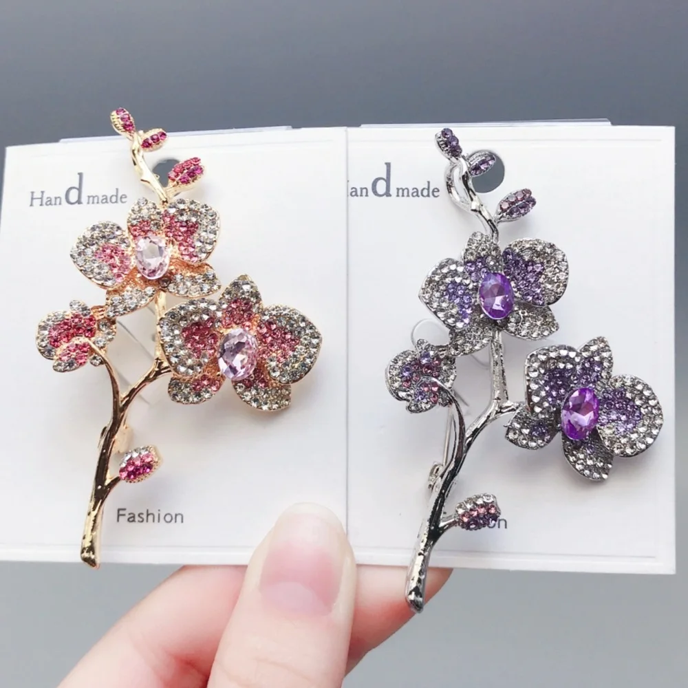 Cross border new suit coat alloy floral chest flower pin accessory, full diamond butterfly orchid flower brooch