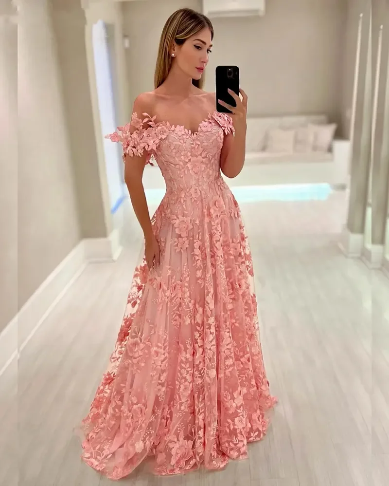 

Customized Elegant A-Line Pink Lace Applique Ball Dress With V-Neck Backless Long Ladies' Graduation Party Formal Evening Dress