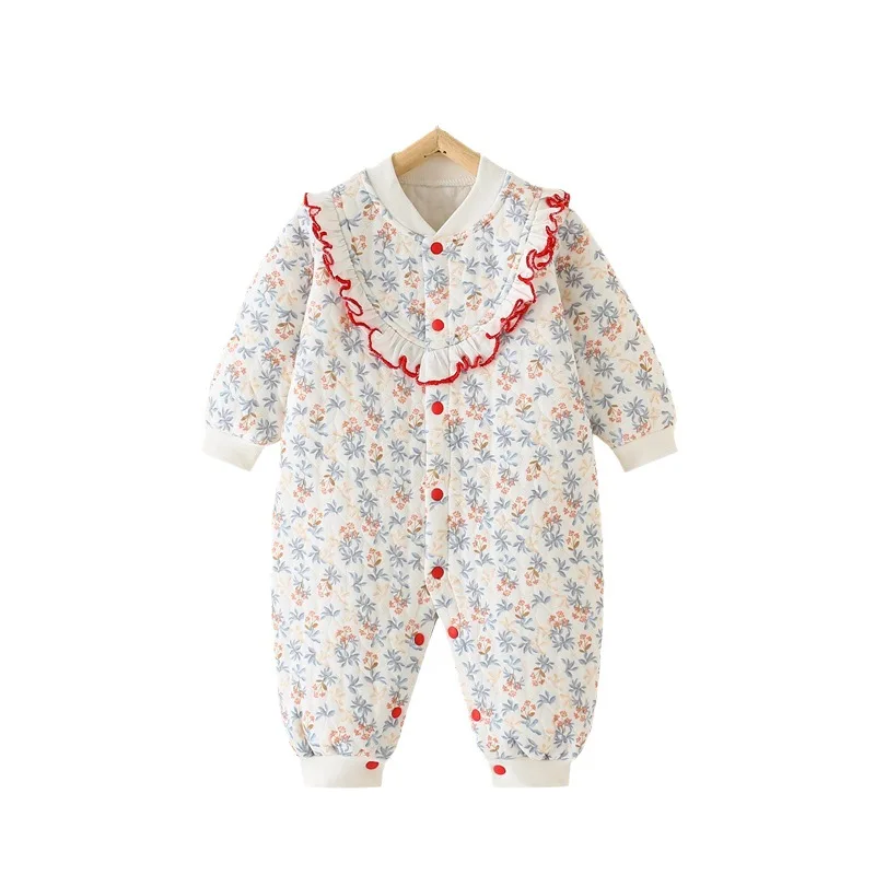 Spring Autumn Baby Girl Jumpsuit Warm Cotton Clip Class A Newborn Girls Onesies Floral Printed Lace Broder Infant Girls Bodysuit