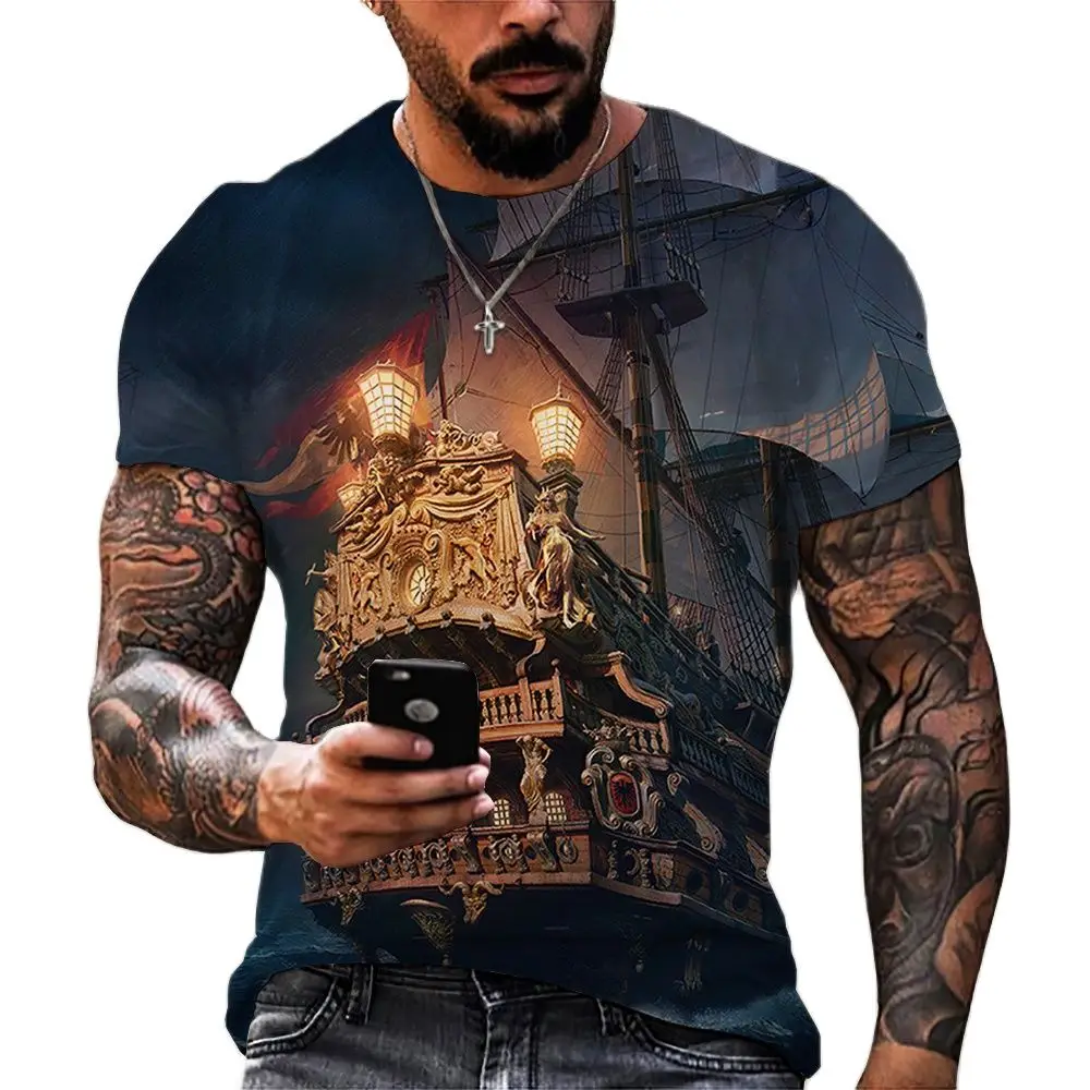 Vintage Men\'s T-shirts 3D Ship Print Short Sleeve Pirate Ship T Shirt For Men Clothing Oversized Tee Shirt Men Camiseta Hombre