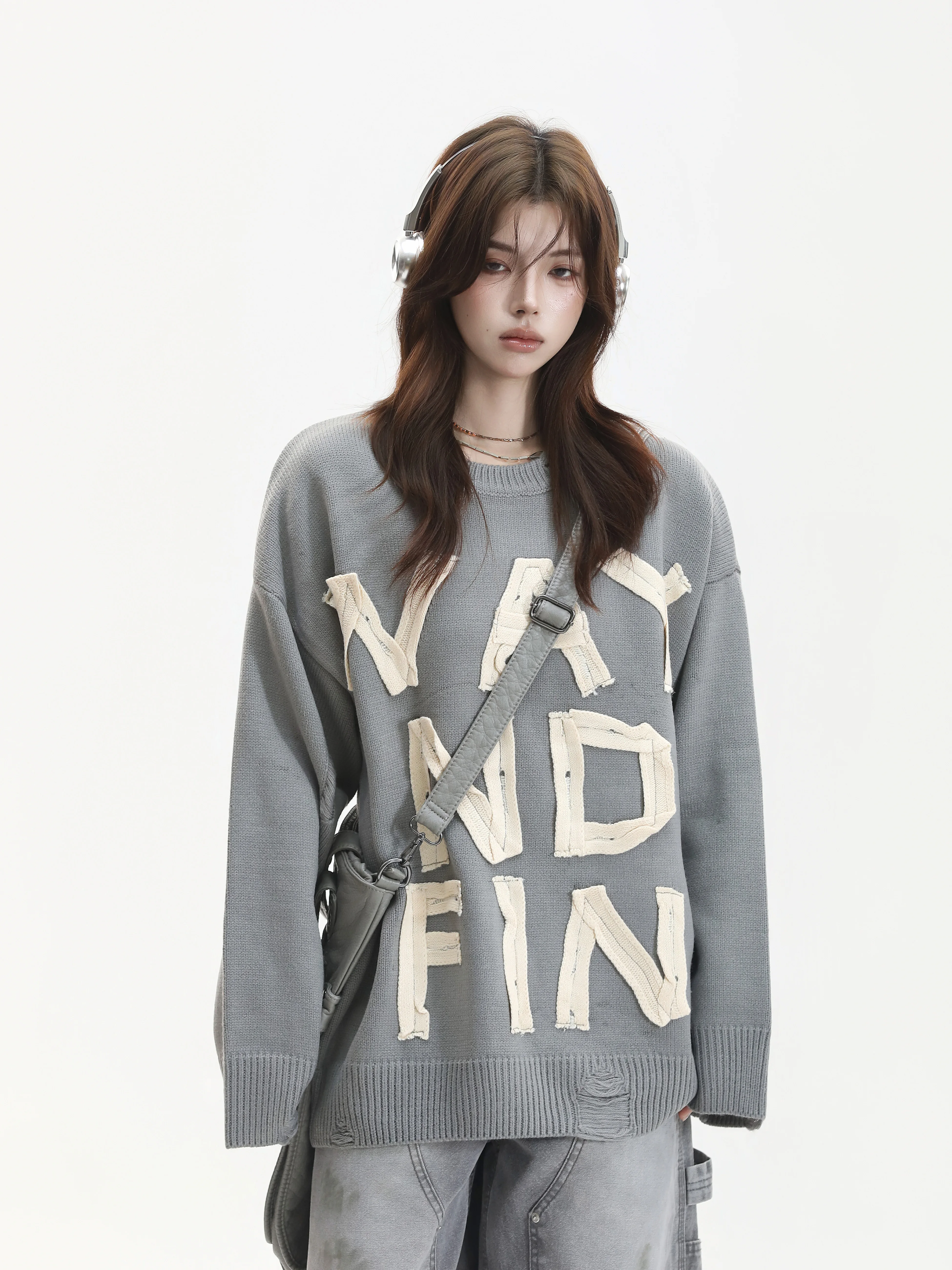 Vintage Knitted Sweater Women's Neutral Style Long Sleeve Cotton Woolen Rope Weaving Top Autumn Fashion College Style Loose Fit