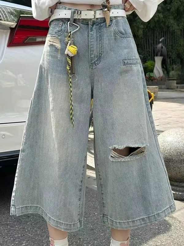 

High Waist Wide Leg Jeans Women's Summer Thin Straight Cut Torn Denim Pants Loose Fit Casual Sle Seven-Foot Jeans