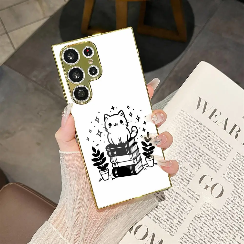 The Cat on the Book Phone Case For Samsung Galaxy S25 S24 S23 Ultra Electroplated Metal Case Glass Back Cover
