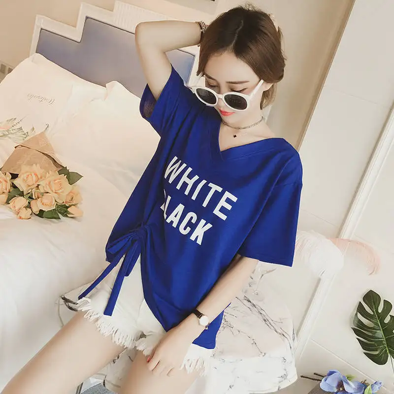 Casual Graphic Pulovers Korean Short Sleeve T Shirt Summer Backless Loose Tops Fashion Clothes Aesthetic V-Neck Women\'s T-shirt