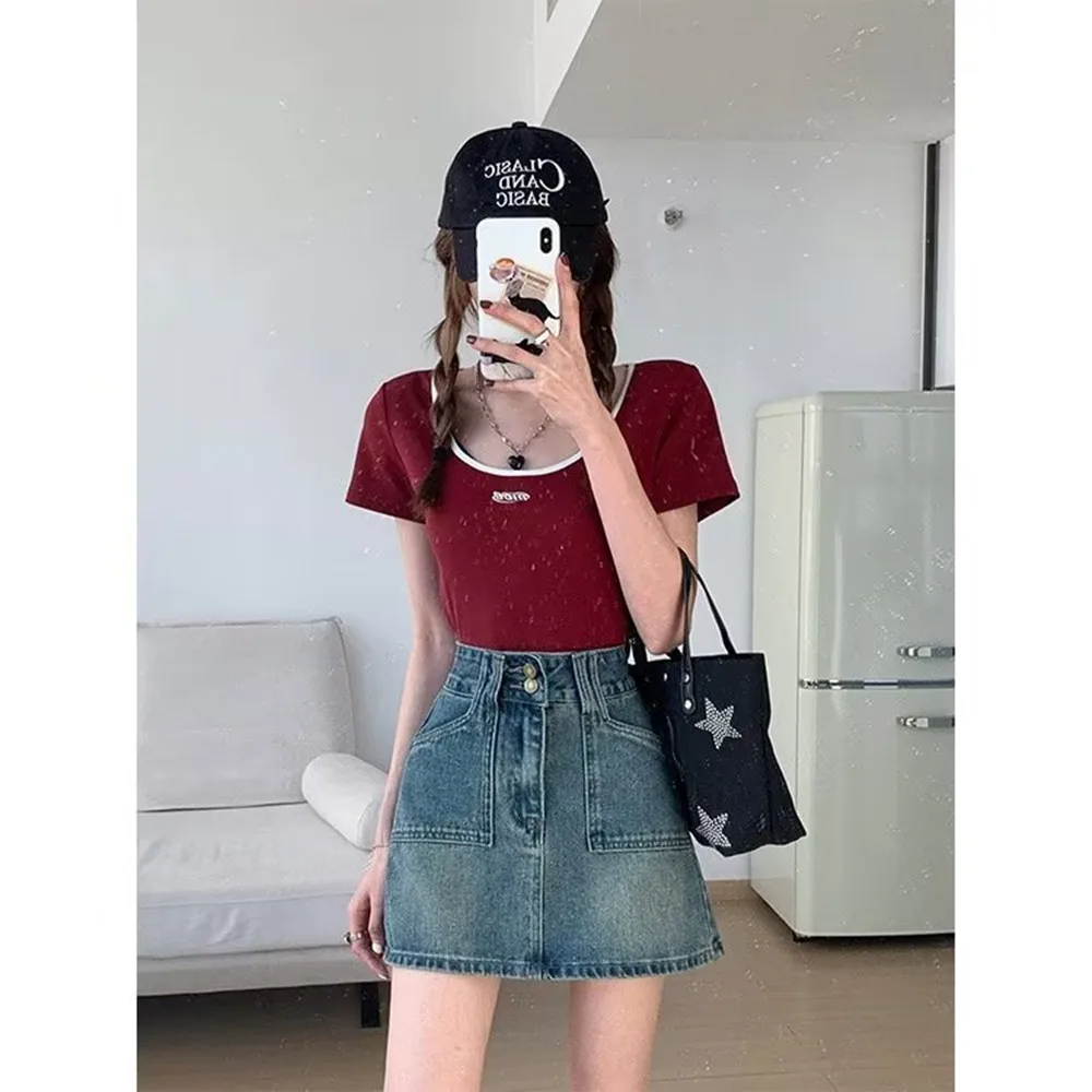 

Ковбойская юбка-миди для женщин весной и летом, новая студенческая корейская версия, короткая юбка, эластичная голубая тонкая юбка с высокой талией