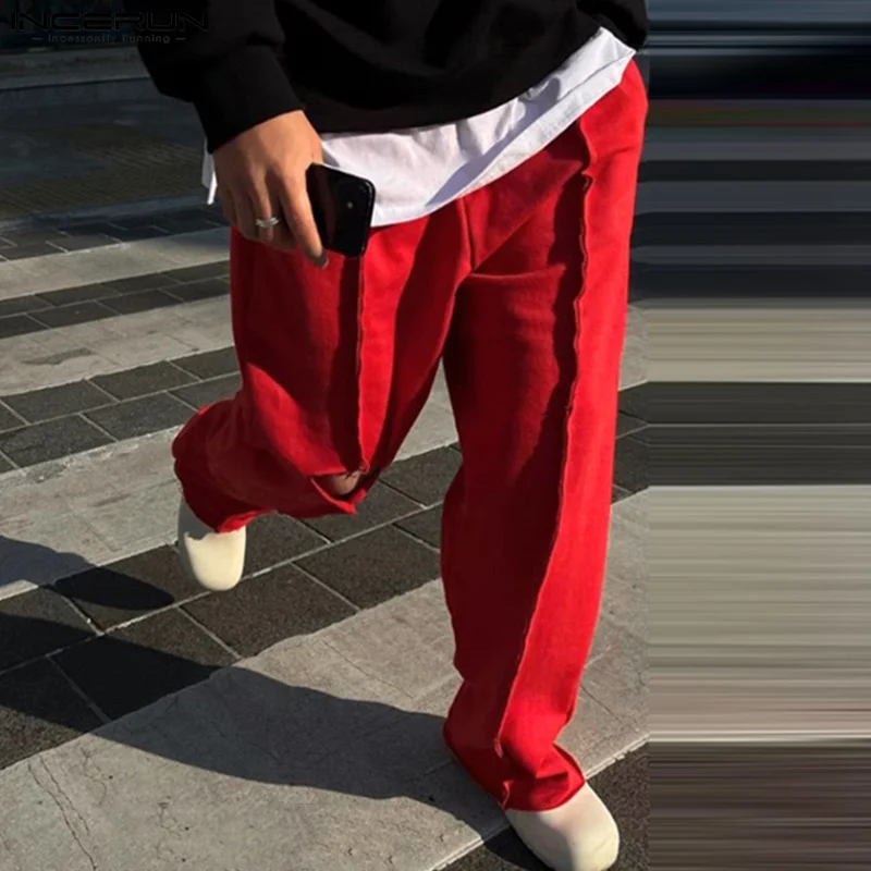 INCERUN 2025 брюки в корейском стиле, модные мужские свободные брюки с завязками, прямые брюки, повседневная уличная одежда, мужские однотонные брюки