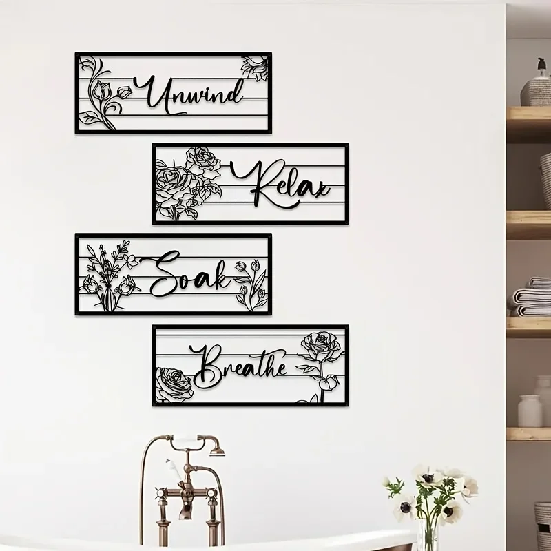 CIFBUY Metal Wall Art Decor Iron Sculpture Relax Bath Breathe Floral Design Set Bathroom Spa Home Accent Gift