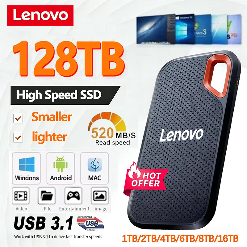 

Внешний SSD-накопитель Lenovo 64 ТБ, высокоскоростной, портативный, большой емкости, 1 ТБ, 2 ТБ, USB 3.1, для ноутбуков/ПК/телефонов