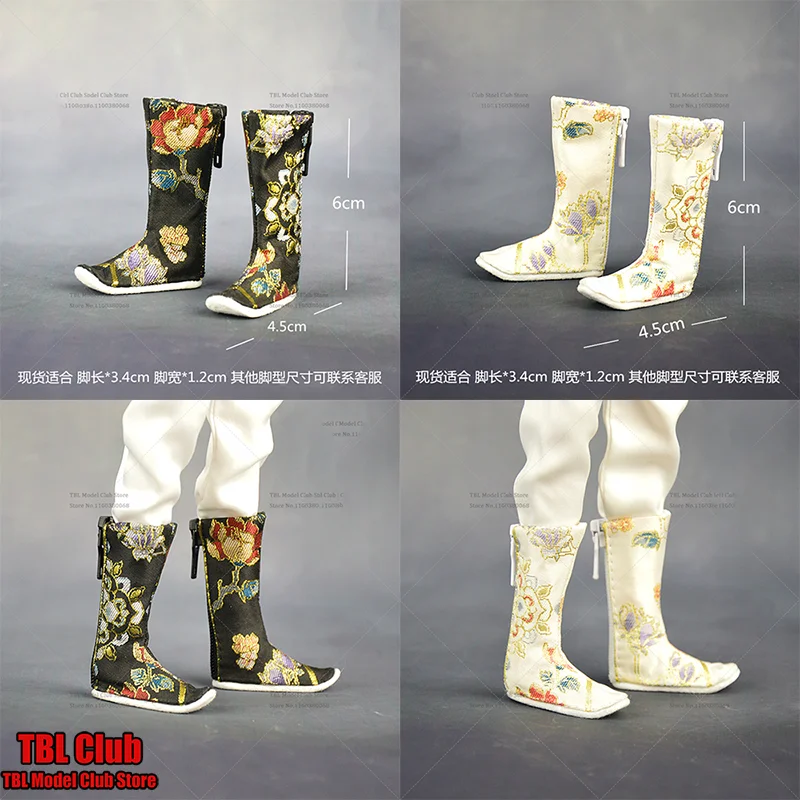 

1/6 Scale Female Shoes Ancient Costume Qing Dynasty Upturned Zipper Brocade Gold Wire High Boots For 12-inch Figure Soldier