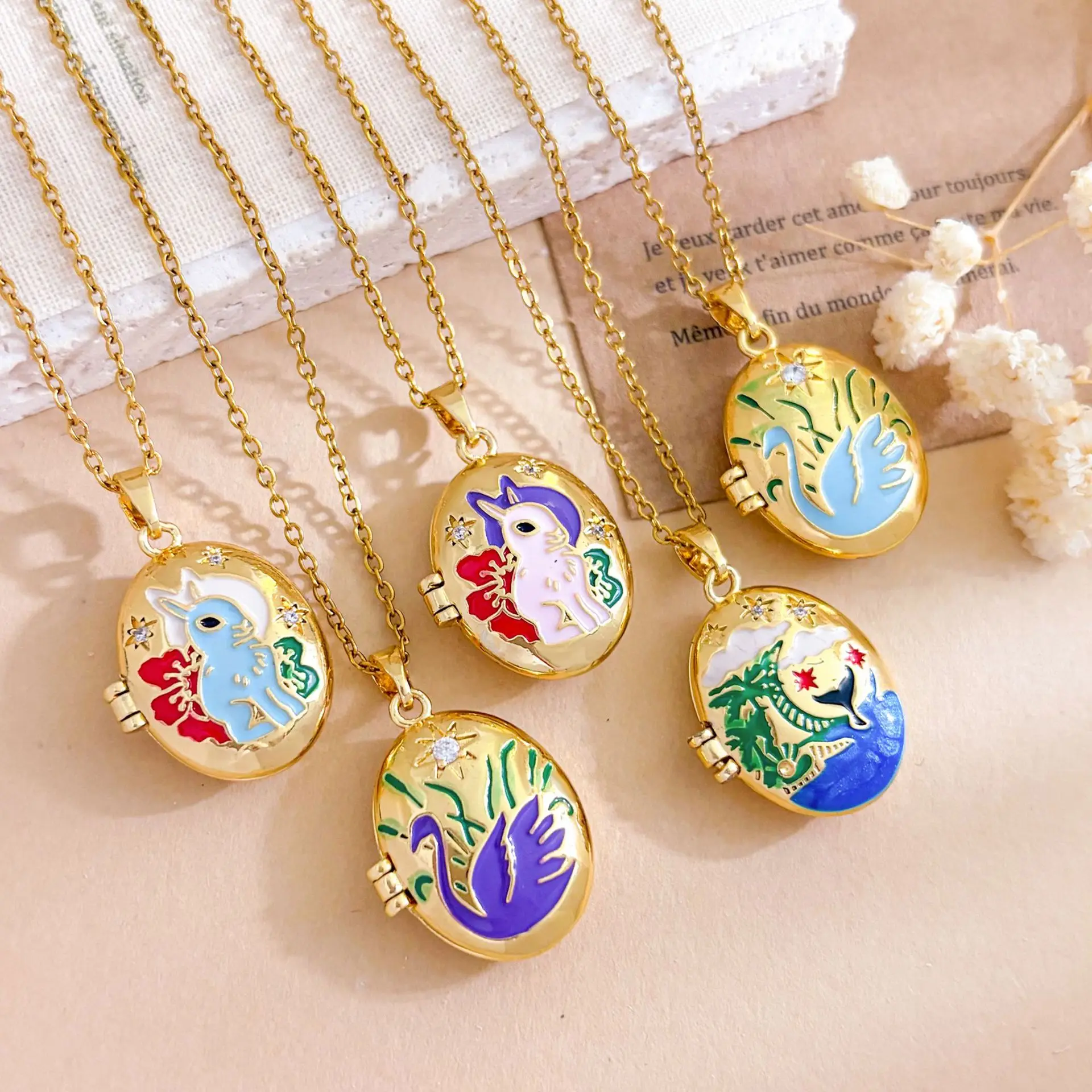 Pttozan Animal Rabbit Swan Photo Locket Pendant Necklace Women Vintage Necklace Titanium Steel Oil Dripping Enamel Jewelry