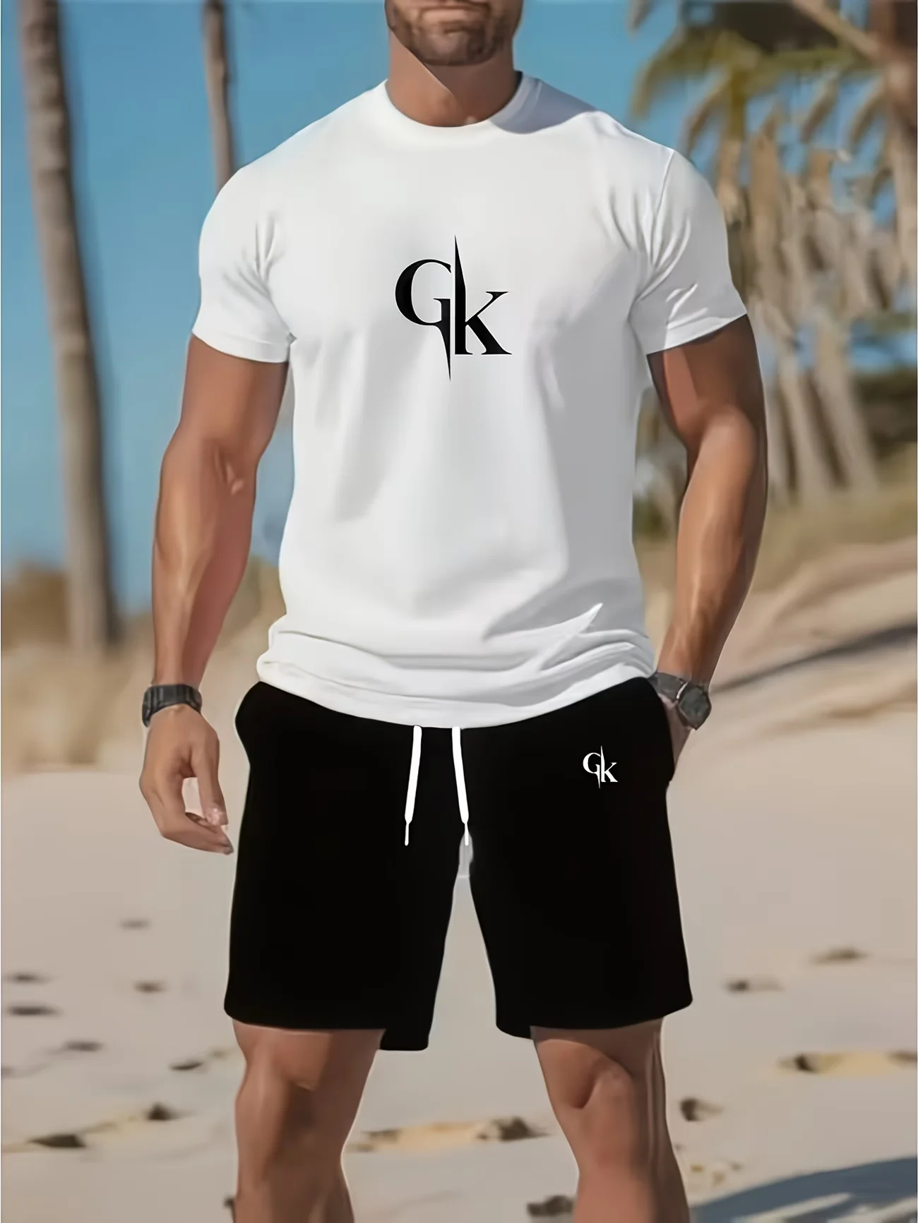 

Summer Men's Mesh Tracksuit 2 Pcs Gym Clothes Casual Outfit "GK" Letter T-shirt and Shorts Set Quick Drying Sports Gift for Man