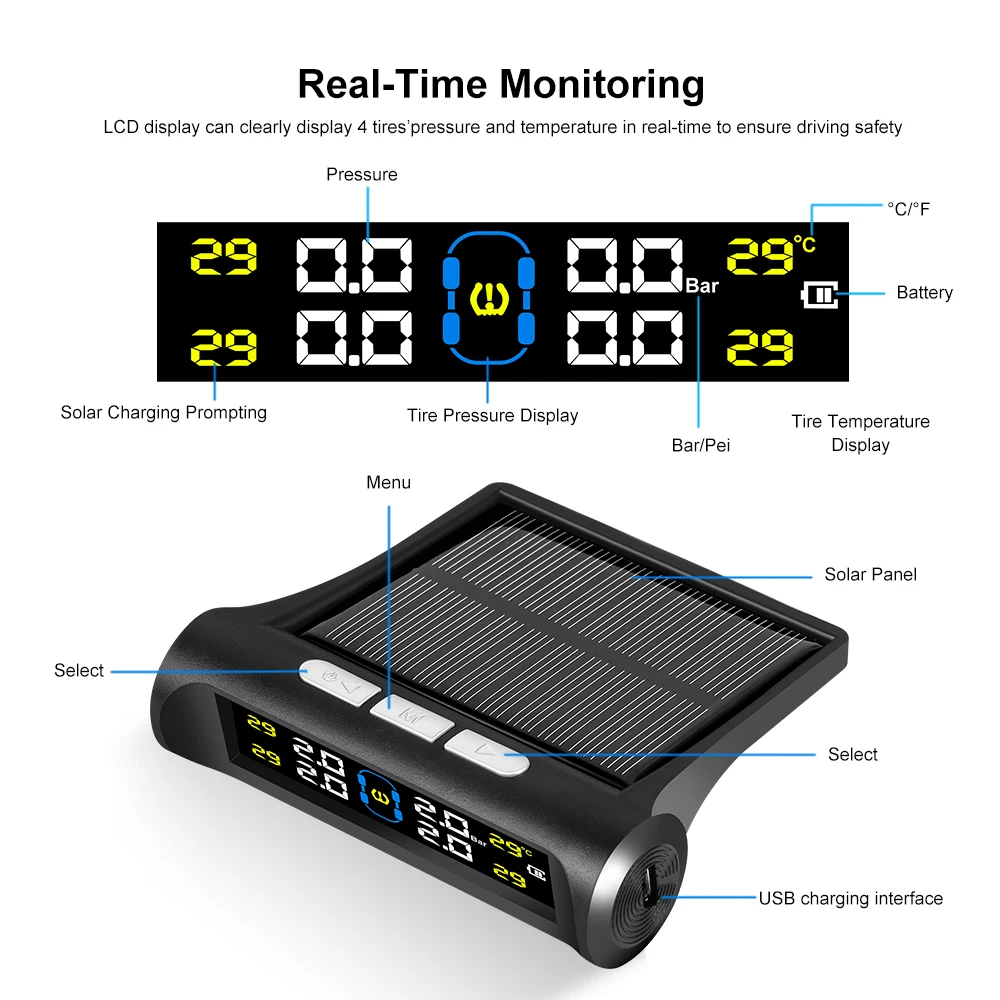 Solar Tpms Car Tire Pressure Monitoring System Car Safety Temperature Alarm System Detector Tire Pressure Diagnostic Tool Test