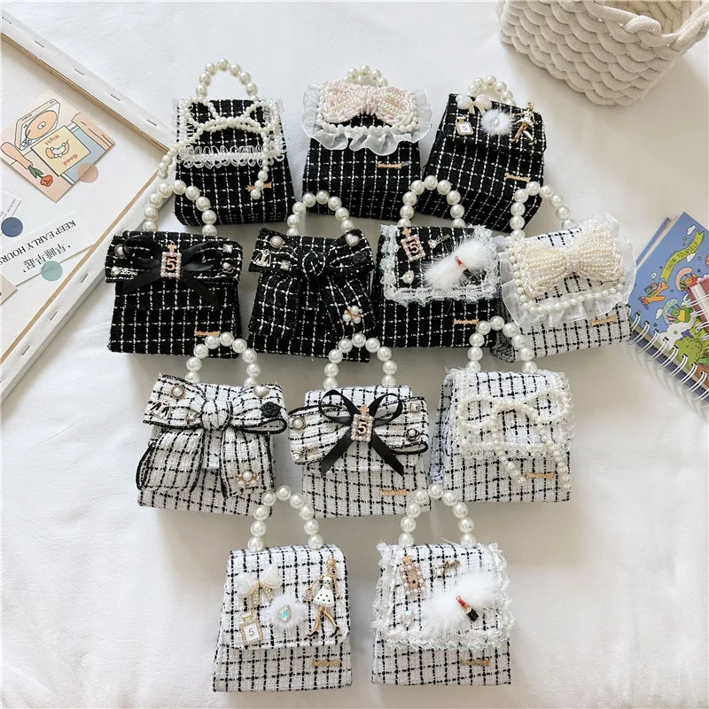 

New Bow Kids Pearls Handbags Sequins Luxury Princess Dress Accessories Small Coin Purse Tote Girls Crossbody Chain Bags