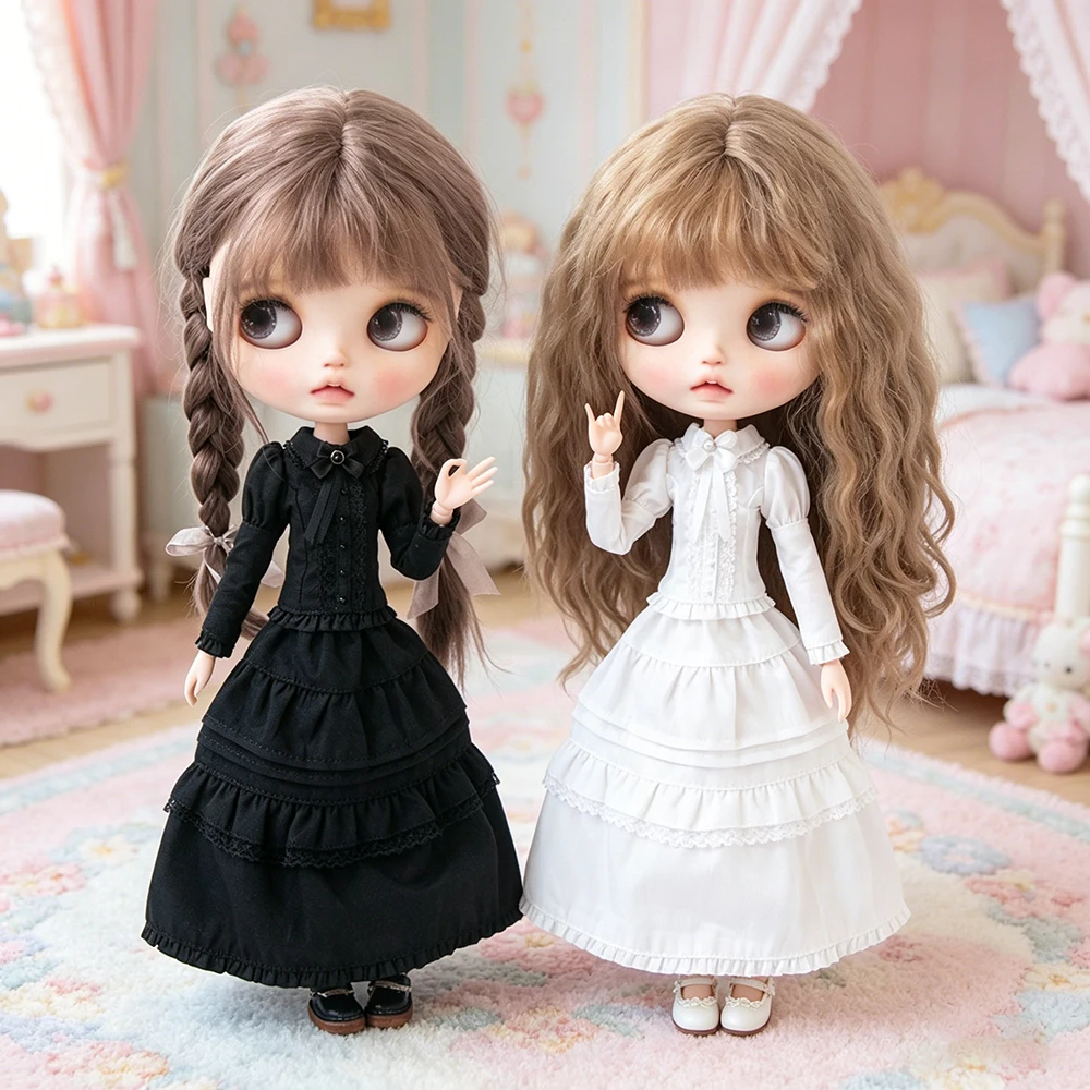 Blyth Doll Clothes Long Sleeve Black Gothic Vintage Lolita Dress OB22 OB24 Outfit Set for Licca Azone Ker YMY Doll Accessories