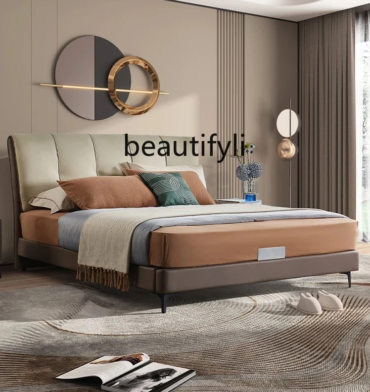 

Leather bed Modern simple wedding Double First layer cowhide master bedroom bed Minimalist leather bed