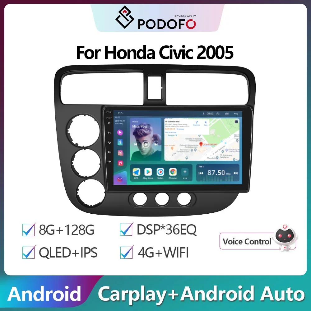 

Podofo 2Din Android Car Radio Multimidia Video Player For Honda Civic 2005 GPS Navigation 2din Carplay Auto Stereo Head Unit