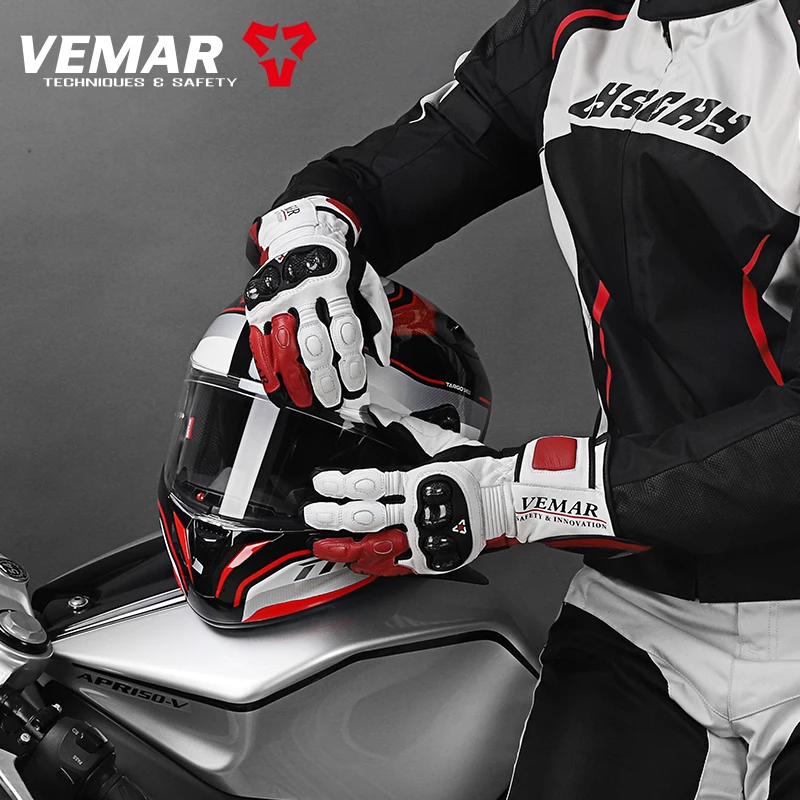 VEMAR Men Locomotive Retro Cowhide Goat Leather Gloves Motorcycle Long Racing Protection Glove Winter Touch Screen Motocross