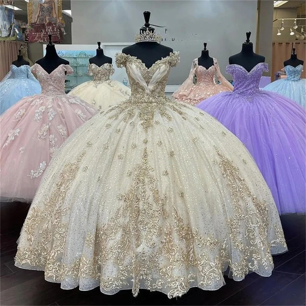 Champagne Gold Off Shoulder Prinses Quinceanera Jurken Kralen Applicaties Lace-Up Prom Sweet 16 Vestidos De 15 Anos Gewaad de Bal