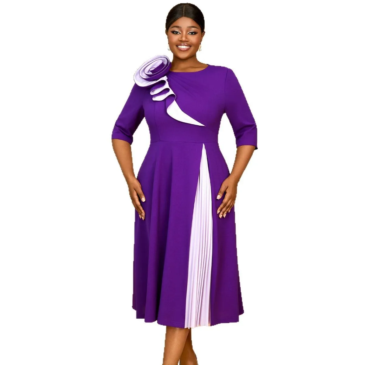 

Chic Color Block Three-dimensional Flower Tea Length Party Dress With Half Sleeves