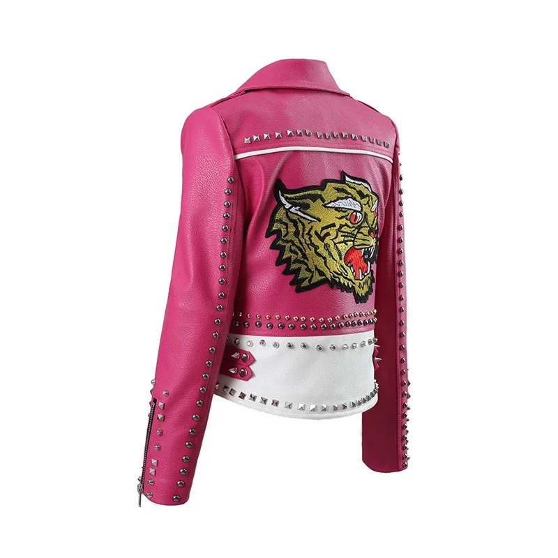 Punk Studded Motorcycle Leather Jacket Women 2024 Trend Streetwear Contrast Color Stitched Faux Leather Embroidered Jackets