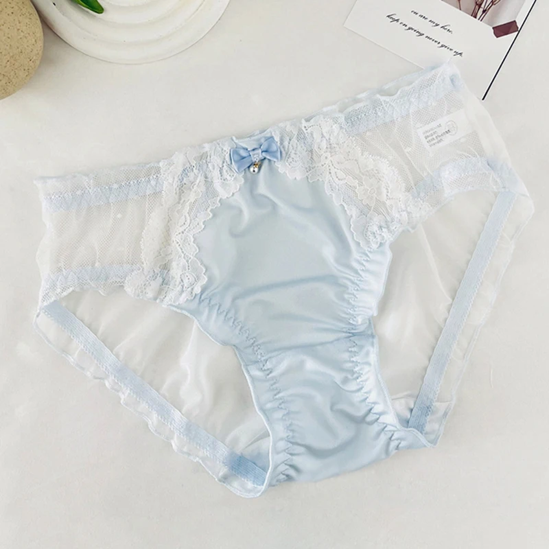Damen Sexy Mesh-Satin-Spitzenunterwäsche, Transparent, Dünn, Atmungsaktiv, Elastisch, mit Schleife, Niedlicher Lolita-Prinzessinnen-Stil, Höschen