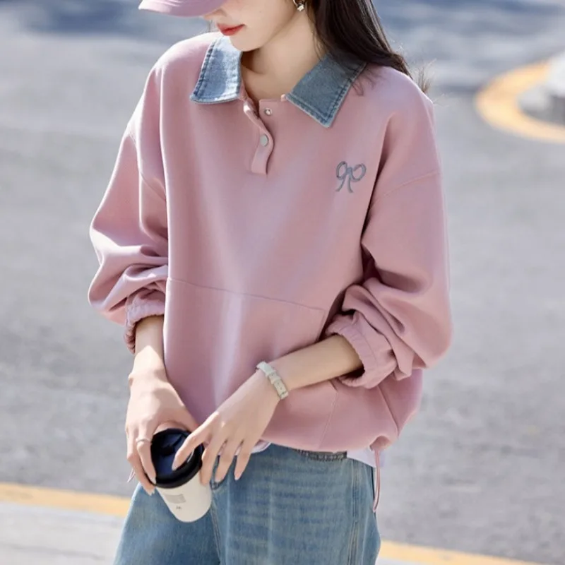 Preppy Style Denim Collar Sweatshirt Women Bow Embroidery Loose Long Sleeve Casual Pullover view 4