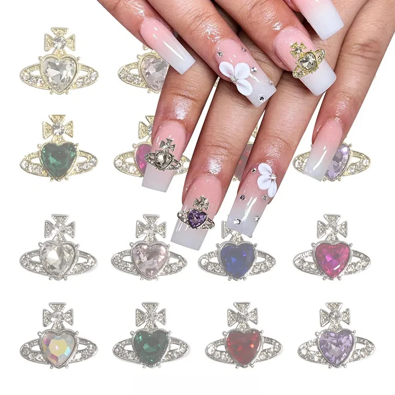 Vintage-Stil, luxuriöser Zirkon, asymmetrische Herz-Nageldekorationen, 3D-Nagelanhänger in Saturnform, trendiges Nagelzubehör