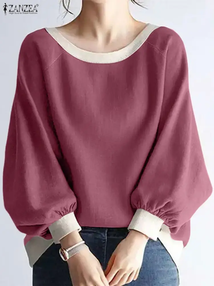 

ZANZEA Contrast-Color Women Blouses Casual O-Neck Raglan Sleeves Crinkled Fabric Patchwork Tops Autumn 2025 Woman Clothes S-3XL